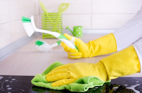 Professional Docklands carpet cleaning team applying safety procedures on site